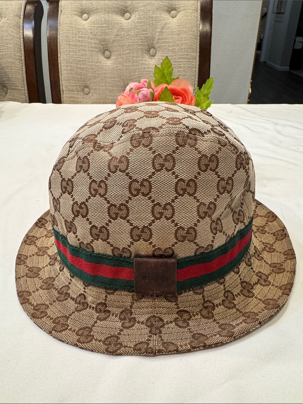Authentic Gucci Beige Brown Monogram Bucket Hat with Green & Red Stripe
